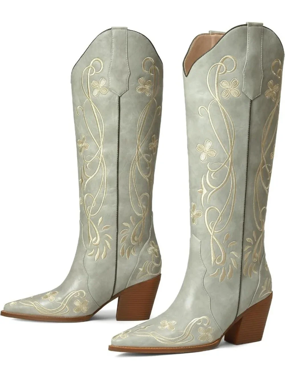 Women's Light Grey pu Knee High Floral Embroidered Vintage Cowgirl Boots